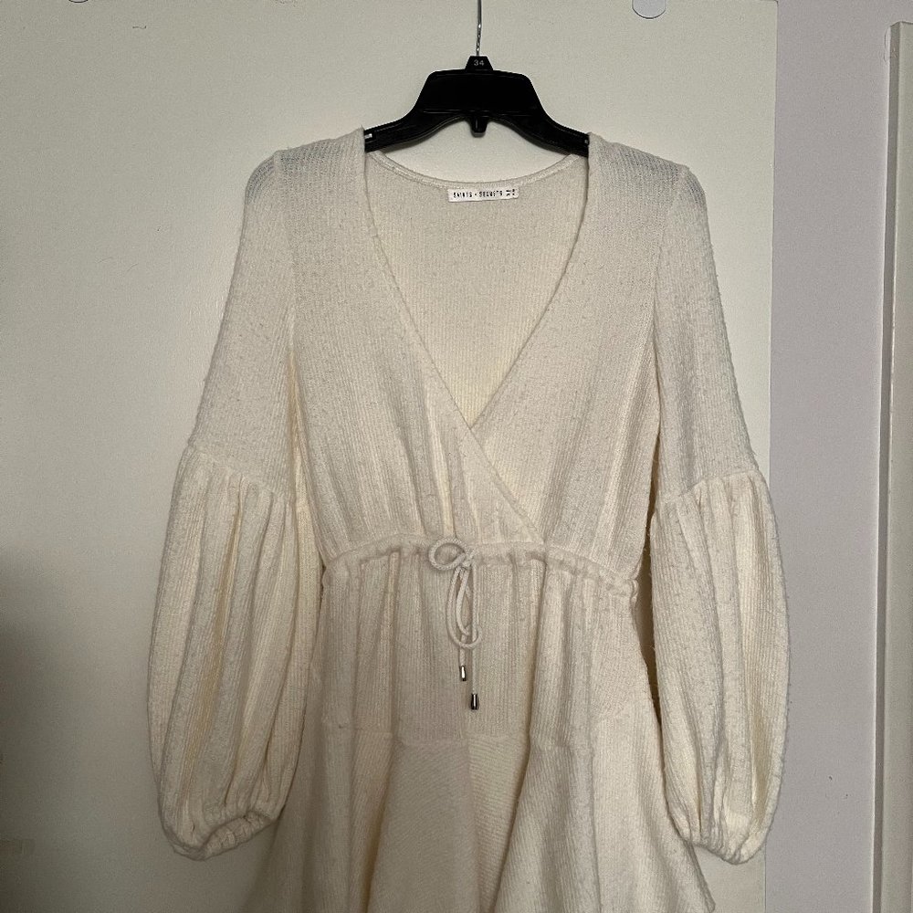 Saint + Secrets White Sweater Dress; Drawstring Waist, Vneck, Bell Sleeves